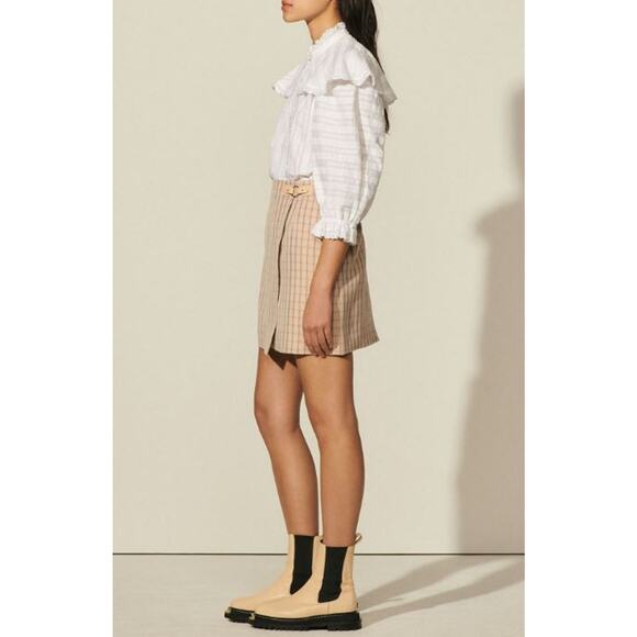 Sandro Meredith Checkered Twill Mini Faux Wrap Skirt Nude Beige Women's Size 1 - Picture 4 of 8
